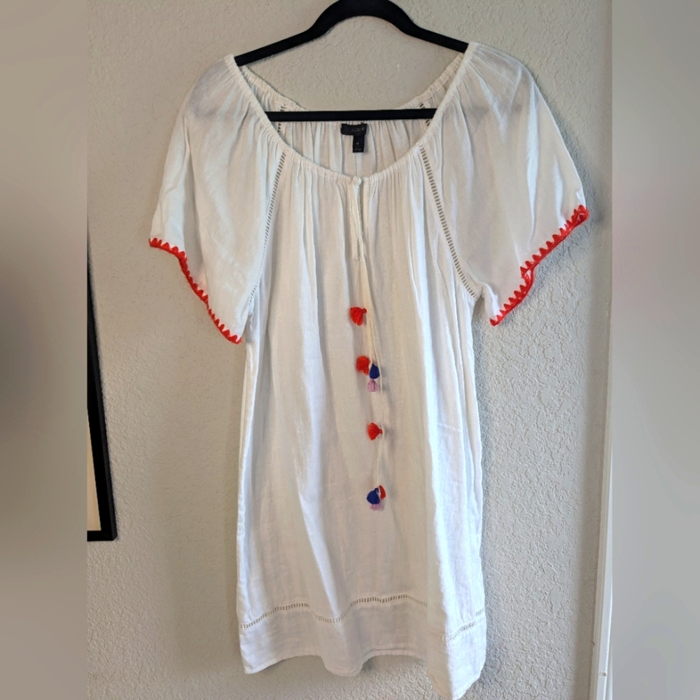 J Crew Size M Linen Tunic White Embroidered Pom Poms Swim Coverup Cruise Beach